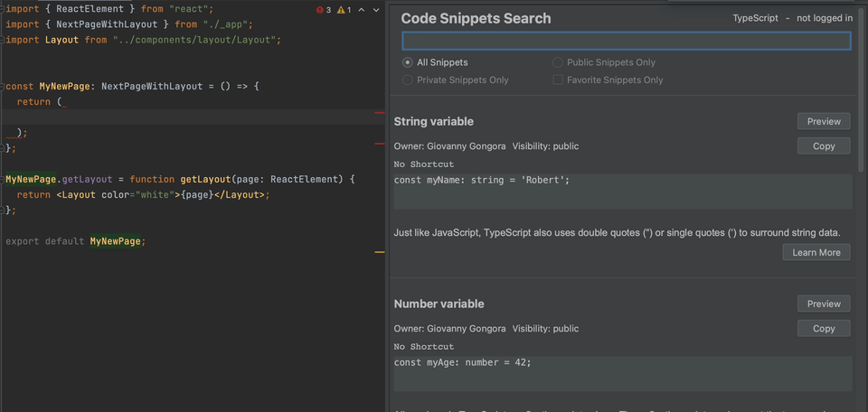 Searching Code Snippets in WebStorm
