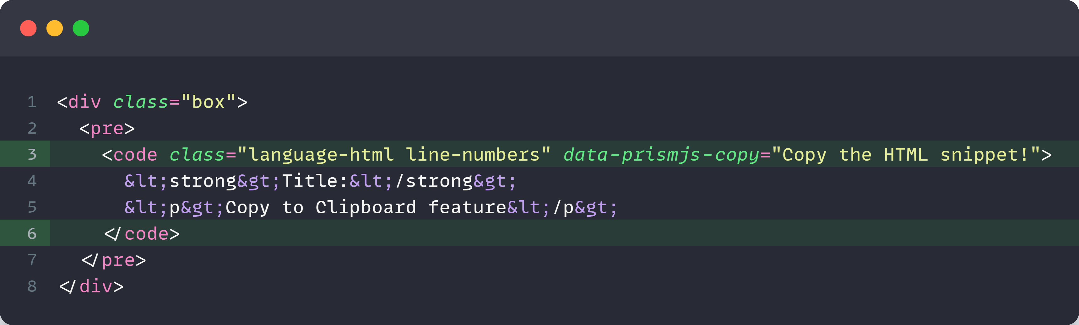 adding copy to clipboard option into code snippet using Prismjs